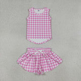 GSSO3478 Pink Plaid Yoga Girls Shorts Outfits