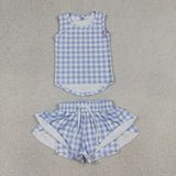 GSSO3479 Blue Plaid Yoga Girls Shorts Outfits