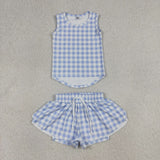 GSSO3479 Blue Plaid Yoga Girls Shorts Outfits