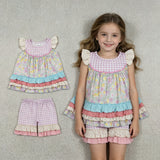 GSSO3485 Flower Purple Plaid Ruffles Girls Shorts Outfits