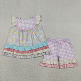 GSSO3485 Flower Purple Plaid Ruffles Girls Shorts Outfits