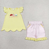 GSSO3495 Embroidery Cartoon Cowgirl Girls Shorts Set