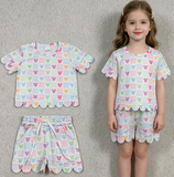 GSSO3496 Cartoon Mouse Plaid Scallop Edge Girls Shorts Set