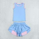 GSSO3527 Sports Solid Color Blue Yoga Girls Shorts Set