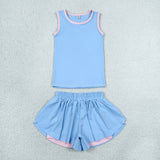 GSSO3527 Sports Solid Color Blue Yoga Girls Shorts Set