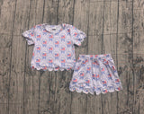 Preorder Samples GSSO3555 4th of July USA Flag Bows Scallop Edge Girls Shorts Set