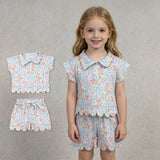 GSSO3575 Flower Bows Zipper Scallop Edge Girls Shorts Set