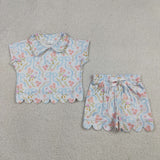 GSSO3575 Flower Bows Zipper Scallop Edge Girls Shorts Set