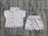 Preorder Samples GSSO3582 Back To School Apple Flower Zipper Scallop Edge Girls Shorts Set