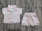 Preorder Samples GSSO3582 Back To School Apple Flower Zipper Scallop Edge Girls Shorts Set