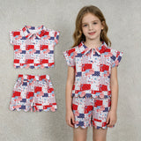 GSSO3599 4th of July USA Flag Bows Zipper Scallop Edge Girls Shorts Outfits