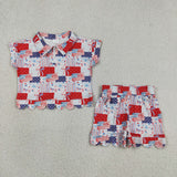 GSSO3599 4th of July USA Flag Bows Zipper Scallop Edge Girls Shorts Outfits