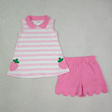 GSSO3631 Embroidery Strawberry Pink Scallop Edge Girls Shorts Set