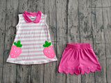 Preorder Samples GSSO3631 Embroidery Strawberry Pink Scallop Edge Girls Shorts Set