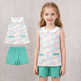 GSSO3632 Flower Mint Scallop Edge Girls Shorts Set
