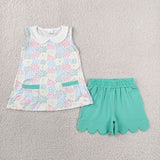 GSSO3632 Flower Mint Scallop Edge Girls Shorts Set
