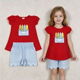 GSSO3727 Embroidery Back To School Crayon Red Girls Shorts Set
