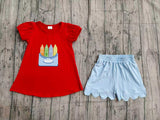 Preorder Samples GSSO3727 Embroidery Back To School Crayon Red Scallop Edge Girls Shorts Set