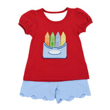 Preorder Samples GSSO3727 Embroidery Back To School Crayon Red Scallop Edge Girls Shorts Set