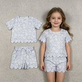 GSSO3730 Flower Blue Color Scallop Edge Girls Shorts Set