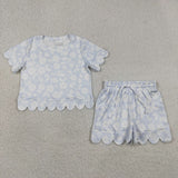 GSSO3730 Flower Blue Color Scallop Edge Girls Shorts Set