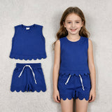 GSSO3732 Solid Color Sapphire Blue Scallop Edge Sleeveless Girls Shorts Outfits