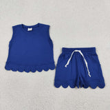 GSSO3732 Solid Color Sapphire Blue Scallop Edge Sleeveless Girls Shorts Outfits