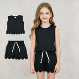 GSSO3733 Solid Color Black Scallop Edge Sleeveless Girls Shorts Outfits