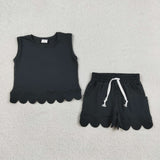 GSSO3733 Solid Color Black Scallop Edge Sleeveless Girls Shorts Outfits