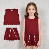 GSSO3734 Solid Color Dark Red Scallop Edge Sleeveless Girls Shorts Outfits