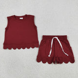 GSSO3734 Solid Color Dark Red Scallop Edge Sleeveless Girls Shorts Outfits