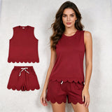 GSSO3735 Solid Color Dark Red Scallop Edge Sleeveless Adult Women's Shorts Set