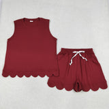 GSSO3735 Solid Color Dark Red Scallop Edge Sleeveless Adult Women's Shorts Set
