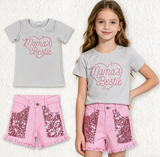 GSSO3756 MAMA'S Bestie Sequins Denim Shorts 2 Pcs Girl's Set