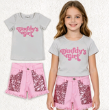 GSSO3757 Daddy's Girl Sequins Denim Shorts 2 Pcs Girl's Set