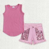 GSSO3758 Solid Color Pink Sequins Denim Shorts 2 Pcs Girl's Set