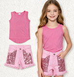 GSSO3758 Solid Color Pink Sequins Denim Shorts 2 Pcs Girl's Set