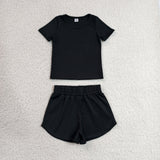 GSSO3760 Solid Black Color Yoga Girls Shorts Set