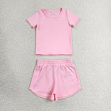 GSSO3761 Solid Pink Color Yoga Girls Shorts Set