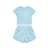 Preorder Samples GSSO3762 Solid Sky Blue Color Yoga Girls Shorts Set
