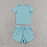 GSSO3762 Solid Light Blue Color Yoga Girls Shorts Set