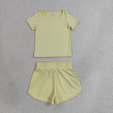 GSSO3763 Solid Yellow Color Yoga Girls Shorts Set