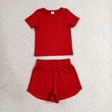 GSSO3765 Solid Red Color Yoga Girls Shorts Set