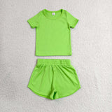 GSSO3767 Solid Green Color Yoga Girls Shorts Set