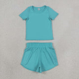 GSSO3768 Solid Blue Green Color Yoga Girls Shorts Set