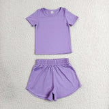 GSSO3769 Solid Lavender Color Yoga Girls Shorts Set