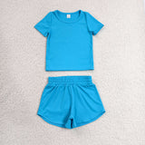 GSSO3770 Solid Color Sky Blue Yoga Girls Shorts Set