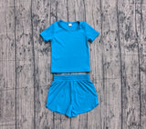 Preorder Samples GSSO3770 Solid Blue Color Yoga Girls Shorts Set