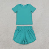 GSSO3771 Solid Mint Color Yoga Girls Shorts Set