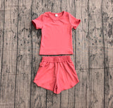 Preorder Samples GSSO3772 Solid Watermelon Red Color Yoga Girls Shorts Set